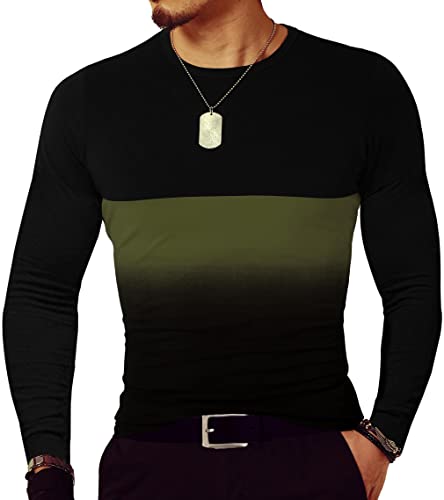 LOGEEYAR Mens Slim Fit T-Shirt Contrast Color Tee Gradient Stitching Short-Sleeve Cotton Tops Z-Green - Image 1