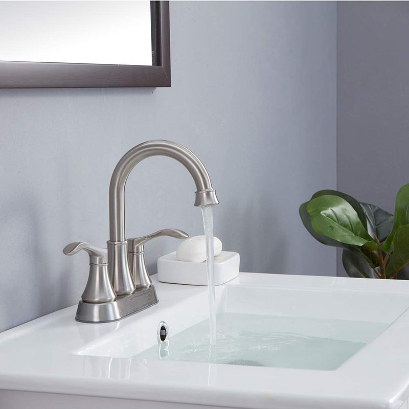 VALISY Lead-Free Commercial 2-Handle Brushed Nickel Bathroom Sink Faucet  360 Swivel High-Arc Spout 4 Inch Centerset Lavatory Vanity Faucets Set For Bathroom Sink With Pop-Up Drain & Water Hoses - Image 3