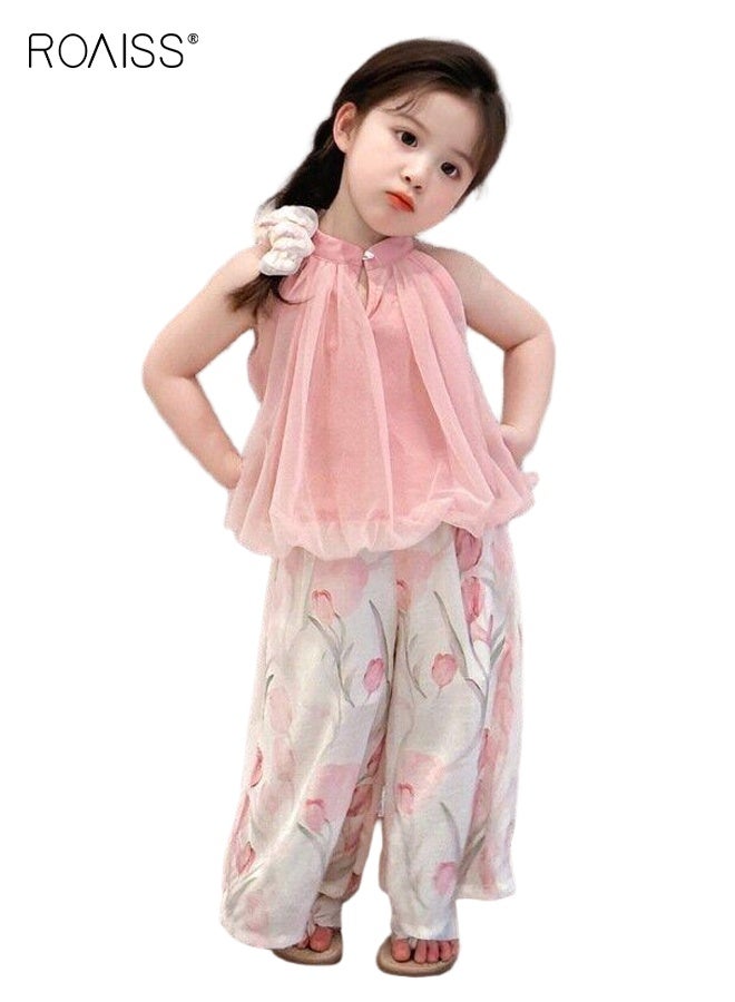 roaiss Girls Camisole and Pants Set, Stylish Summer Outfit with Sleeveless Halterneck Top and Floral Wide Leg Pants, 2 Piece Comortable Clothing Set for Girls  - Image 1