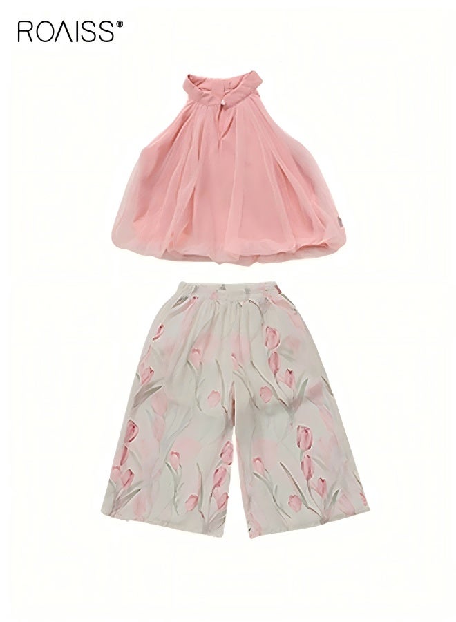 roaiss Girls Camisole and Pants Set, Stylish Summer Outfit with Sleeveless Halterneck Top and Floral Wide Leg Pants, 2 Piece Comortable Clothing Set for Girls  - Image 5