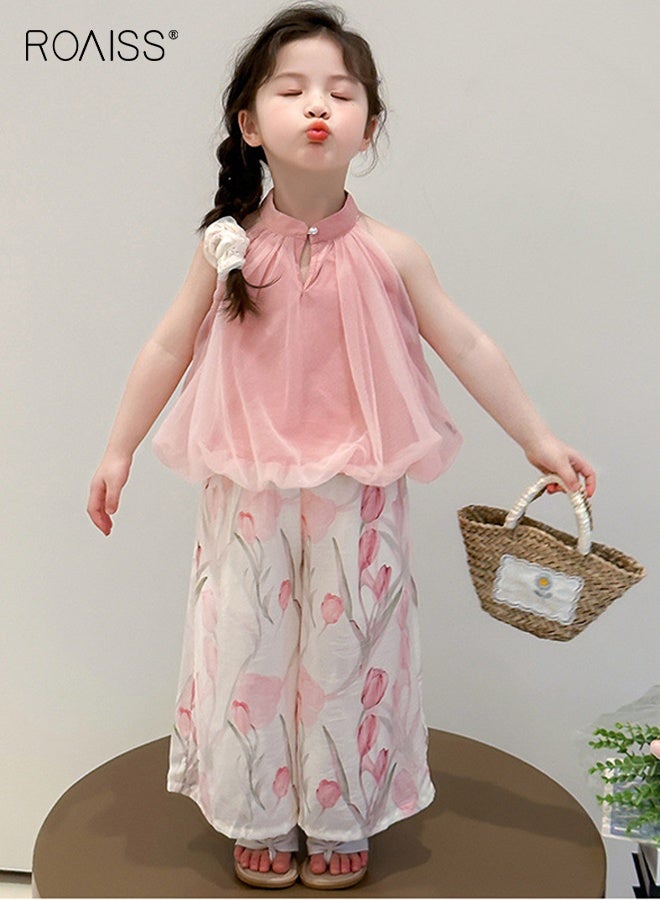 roaiss Girls Camisole and Pants Set, Stylish Summer Outfit with Sleeveless Halterneck Top and Floral Wide Leg Pants, 2 Piece Comortable Clothing Set for Girls  - Image 2
