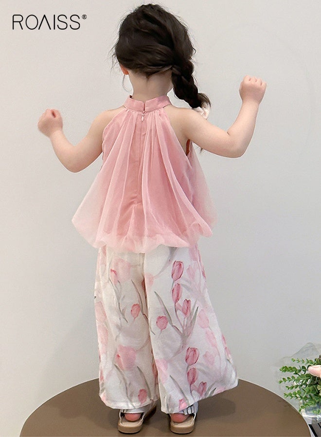 roaiss Girls Camisole and Pants Set, Stylish Summer Outfit with Sleeveless Halterneck Top and Floral Wide Leg Pants, 2 Piece Comortable Clothing Set for Girls  - Image 4