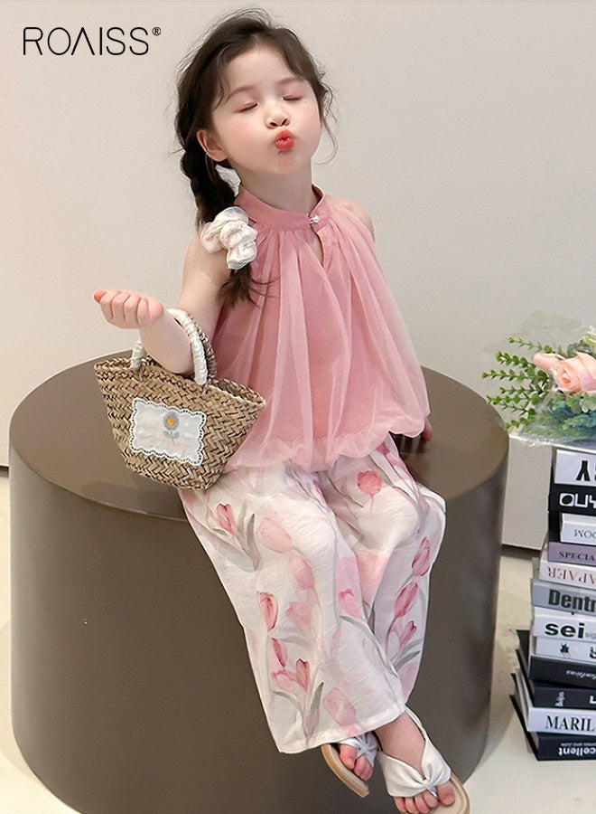 roaiss Girls Camisole and Pants Set, Stylish Summer Outfit with Sleeveless Halterneck Top and Floral Wide Leg Pants, 2 Piece Comortable Clothing Set for Girls  - Image 3