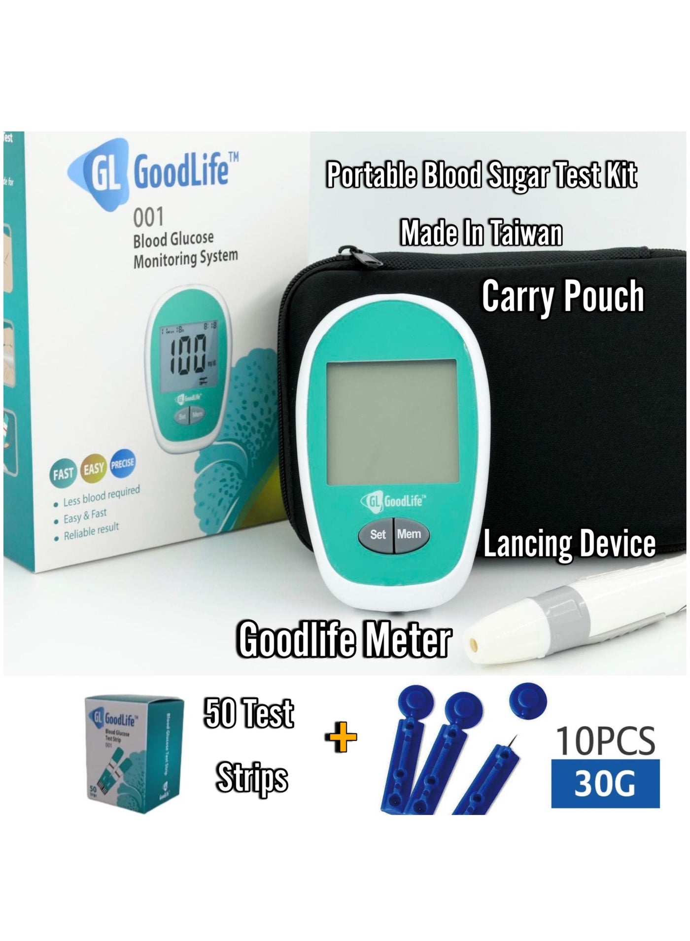 BLOOD SUGAR TEST Bundle FULL KIT Monitor Kit, 1 Lancing Device,50 Test Strips and 10 Blood Lancets, Portable Blood Sugar Test Kit MADE IN TAIWAN with 100% ACCURACY