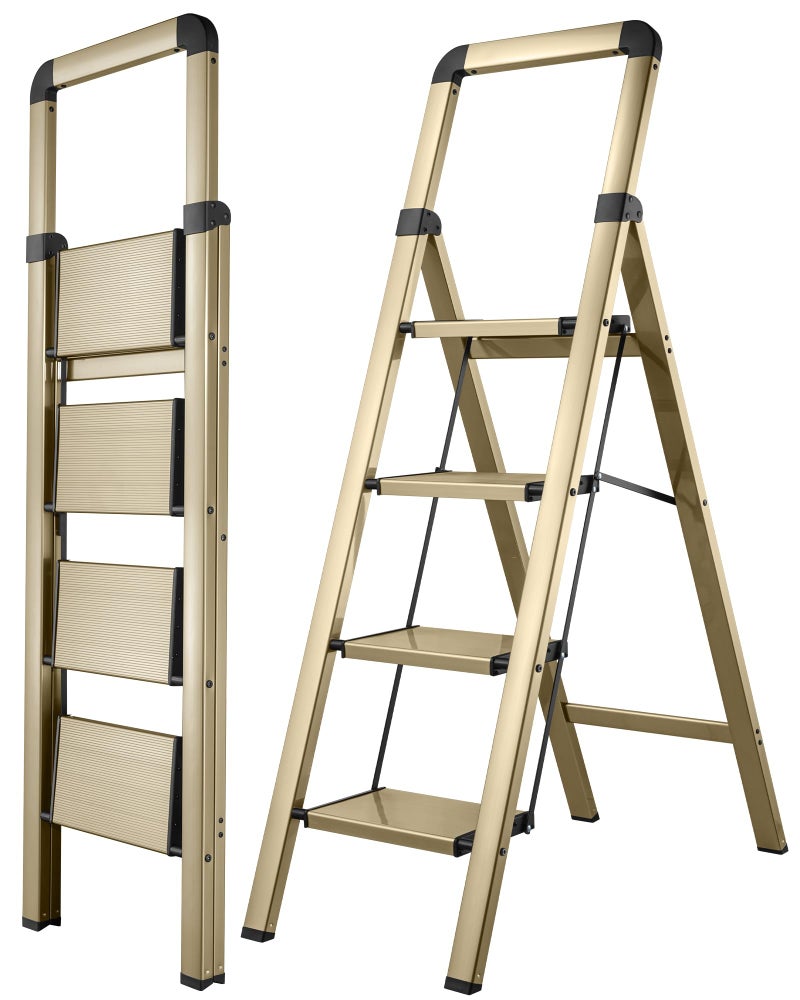 BIBKOKE Step Ladder Folding 4-Step Champagne Gold Finish Aluminum Foldable Step Ladders,Anti-Slip for Home & Kitchen Office 330 lbs - Image 1
