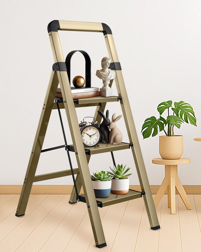 BIBKOKE Step Ladder Folding 4-Step Champagne Gold Finish Aluminum Foldable Step Ladders,Anti-Slip for Home & Kitchen Office 330 lbs - Image 4