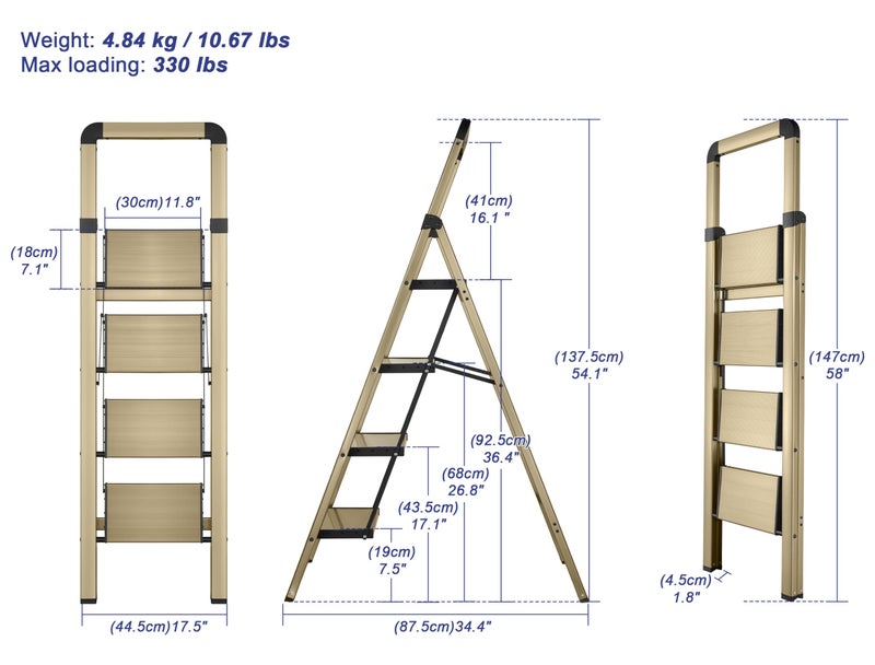 BIBKOKE Step Ladder Folding 4-Step Champagne Gold Finish Aluminum Foldable Step Ladders,Anti-Slip for Home & Kitchen Office 330 lbs - Image 2