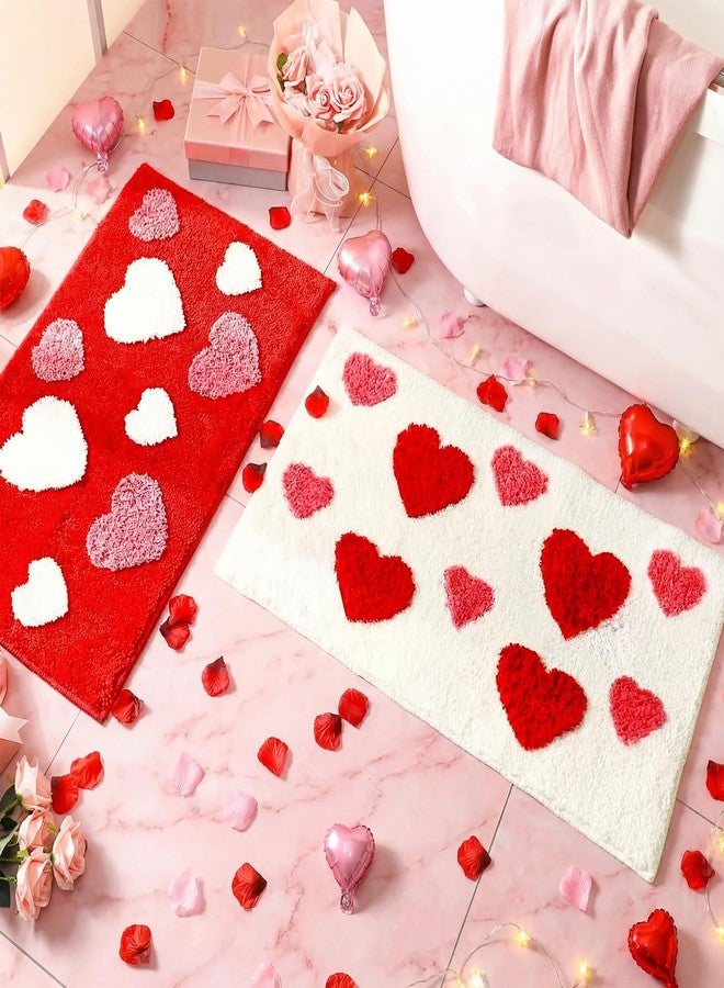 Tinideya 2 Pcs Valentine's Day Heart Bathroom Rugs Pink Red White Heart Rugs Valentine's Day Bathroom Mats Decor for Front Doors Kitchen Bedroom Living Home, 31.5 x 19.7 Inch - Image 1