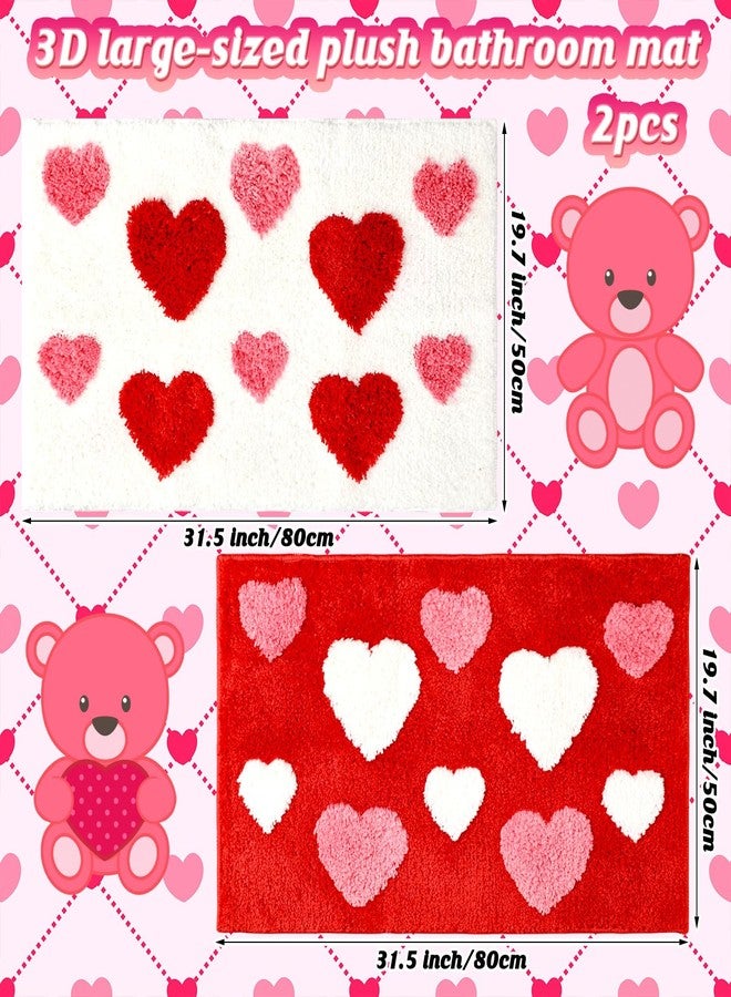 Tinideya 2 Pcs Valentine's Day Heart Bathroom Rugs Pink Red White Heart Rugs Valentine's Day Bathroom Mats Decor for Front Doors Kitchen Bedroom Living Home, 31.5 x 19.7 Inch - Image 2