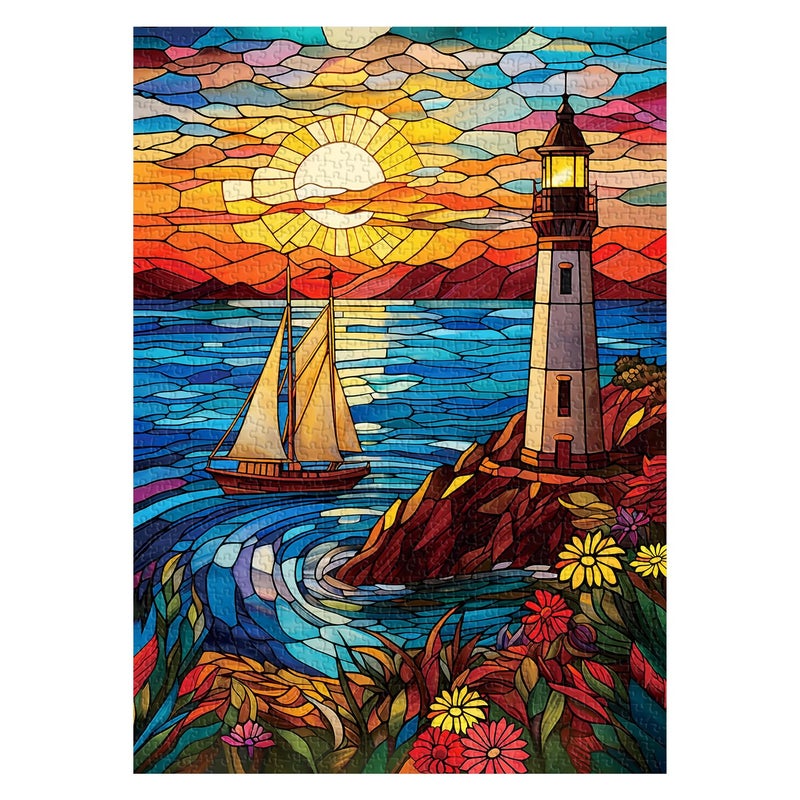 PPuzzling Stained Glass Lighthouse Puzzles for Adults 1000 Pieces Sunset Beach Scene Mosaic Glass Jigsaw Puzzles Seaside Flowers Sailboat Lighthous Art Puzzle - Image 3