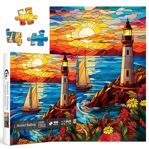PPuzzling Stained Glass Lighthouse Puzzles for Adults 1000 Pieces Sunset Beach Scene Mosaic Glass Jigsaw Puzzles Seaside Flowers Sailboat Lighthous Art Puzzle - Image 5
