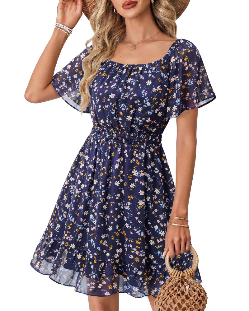 Timeson Beach Dresses for Women: Boho Chic Flowy Light Wrinkle-Resistant A-line Vacation Dress Travel Holiday — Blue Dress Floral Short Sleeve Casual Office Elegant Spring to Summer Church Arm Cover - Image 2