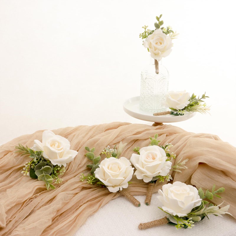 Gvhntk Ivory Rose Boutonniere for Men Wedding Set of 6 Groom Groomsmen Best Man Artificial Flowers Boutonniere for Wedding Ceremony Anniversary Prom Flowers Formal Dinner Party (6, White, Middle) - Image 3