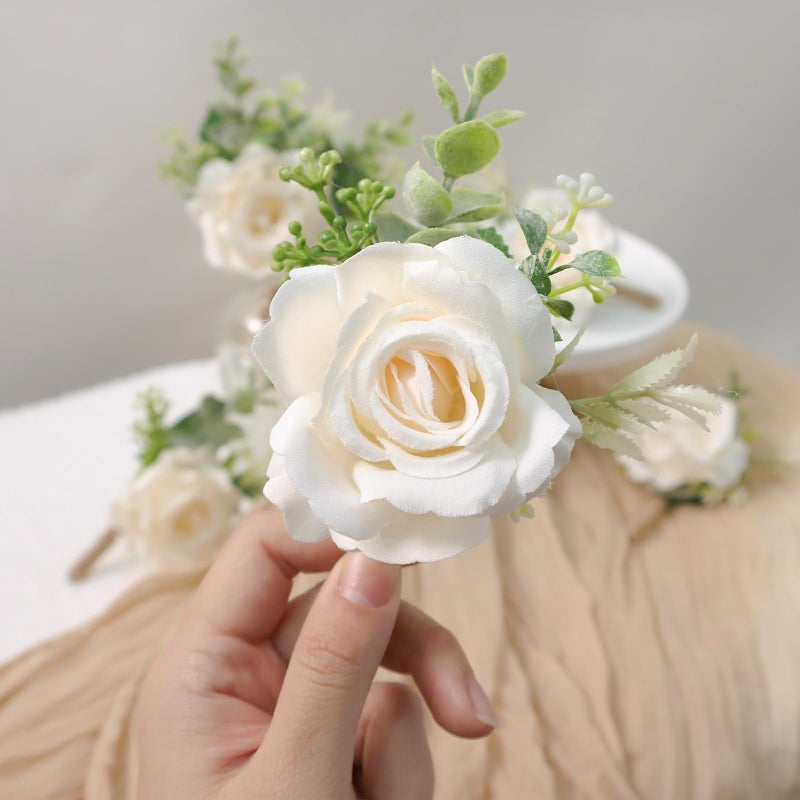 Gvhntk Ivory Rose Boutonniere for Men Wedding Set of 6 Groom Groomsmen Best Man Artificial Flowers Boutonniere for Wedding Ceremony Anniversary Prom Flowers Formal Dinner Party (6, White, Middle) - Image 4
