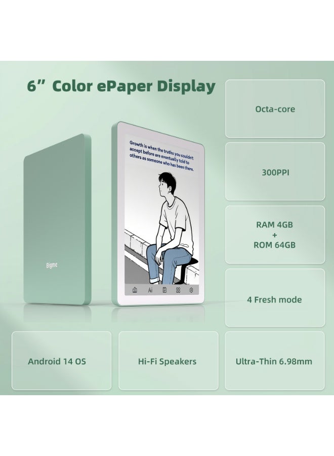 Bigme B6 6-inch Color E-ink Reader in Green - Android 14, 4GB RAM + 64GB Storage, Eye-Friendly Display, Lightweight Design portable ebook reader built in Google play store - Image 2