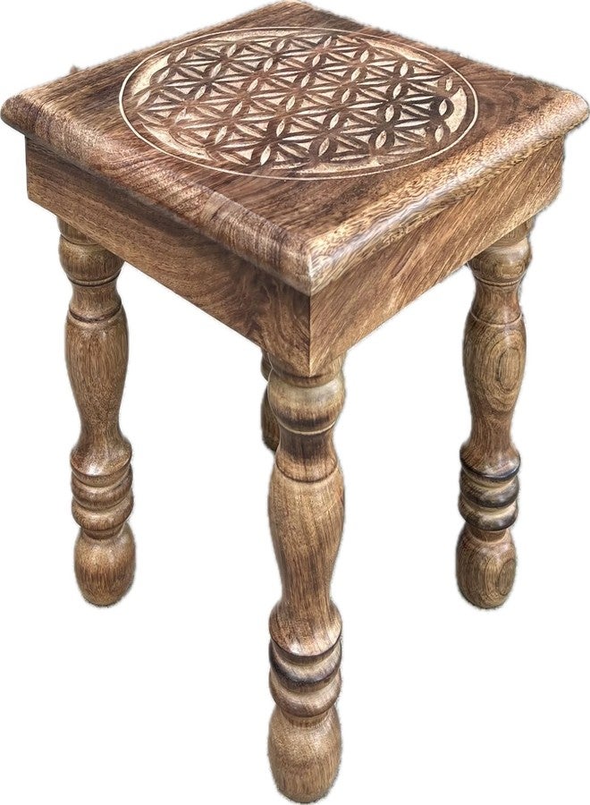 DharmaObjects Solid Mango Wood Hand Carved Puja Shrine Altar Meditation Table (Flower of Life) - Image 1