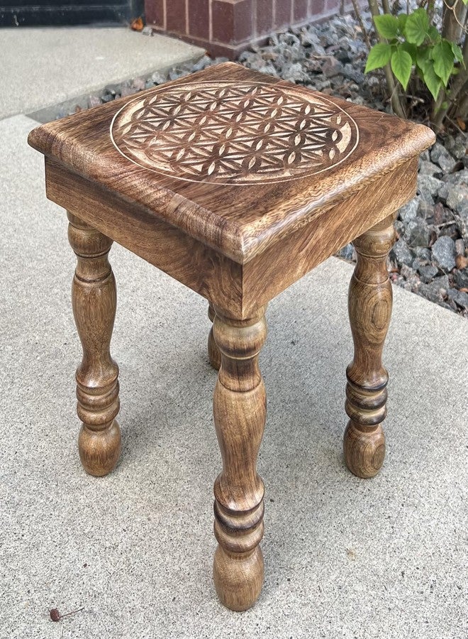 DharmaObjects Solid Mango Wood Hand Carved Puja Shrine Altar Meditation Table (Flower of Life) - Image 2