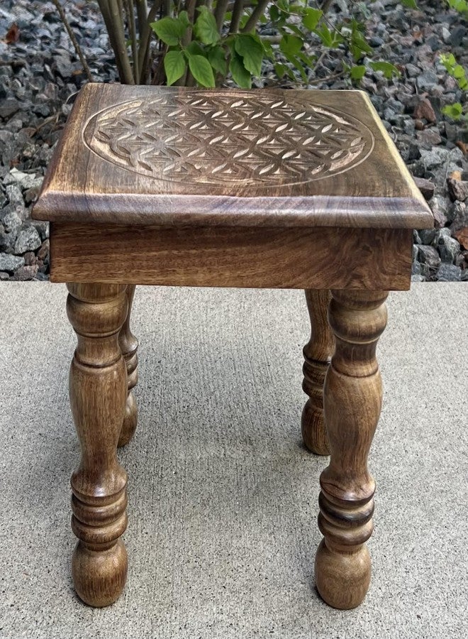 DharmaObjects Solid Mango Wood Hand Carved Puja Shrine Altar Meditation Table (Flower of Life) - Image 3