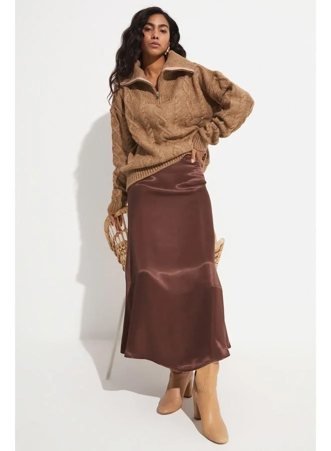 جون June Long Satin Skirt Brown