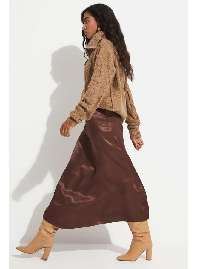 جون June Long Satin Skirt Brown