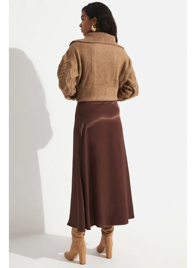 جون June Long Satin Skirt Brown