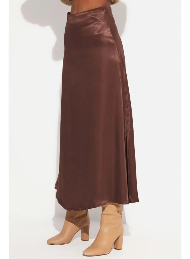 جون June Long Satin Skirt Brown