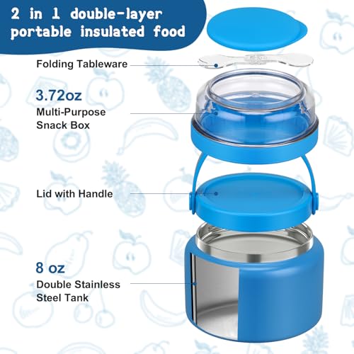 JXXM 2 in 1 Double Insulated Food Jar 8oz Soup Thermo with Snack Container Kids Thermo for Hot Food Lunch Containers Wide Mouth Vacuum Stainless Steel Leak Proof for School Travel(Blue) - Image 2