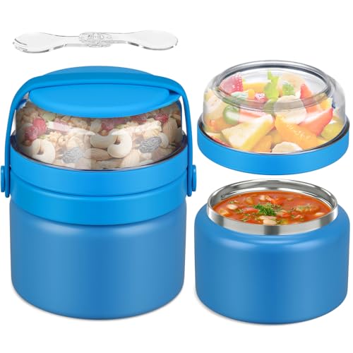 JXXM 2 in 1 Double Insulated Food Jar 8oz Soup Thermo with Snack Container Kids Thermo for Hot Food Lunch Containers Wide Mouth Vacuum Stainless Steel Leak Proof for School Travel(Blue) - Image 1