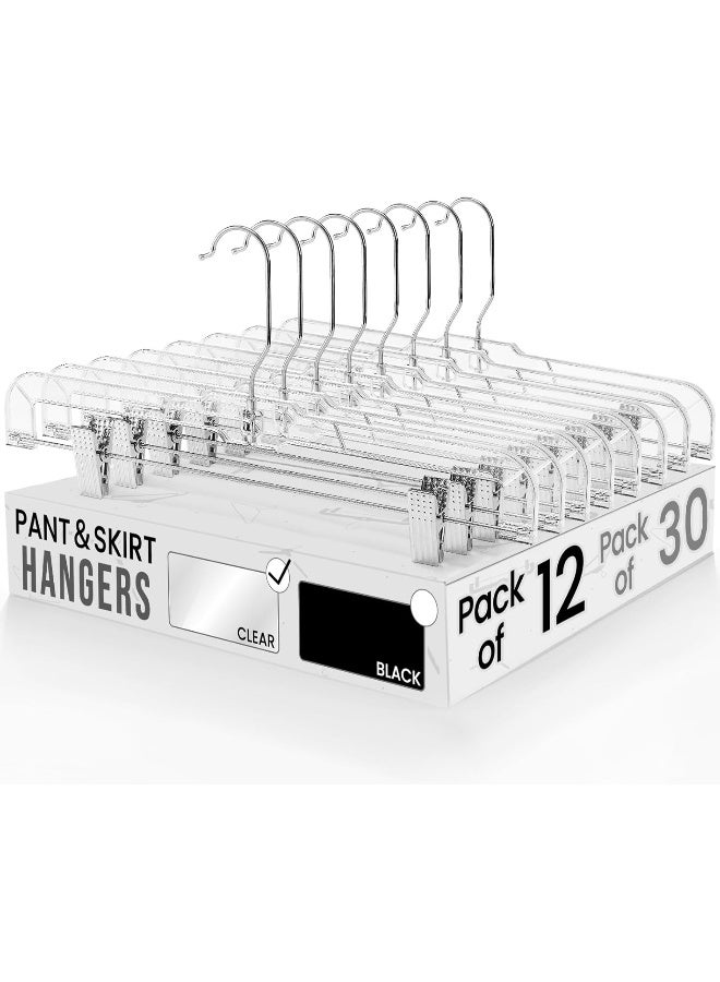 HOUSE DAY Pants Hangers 12 Pack Skirt Hangers with Clips 14 Inch Clear Hangers 360-Rotating Stainless Steel Clips - Image 1