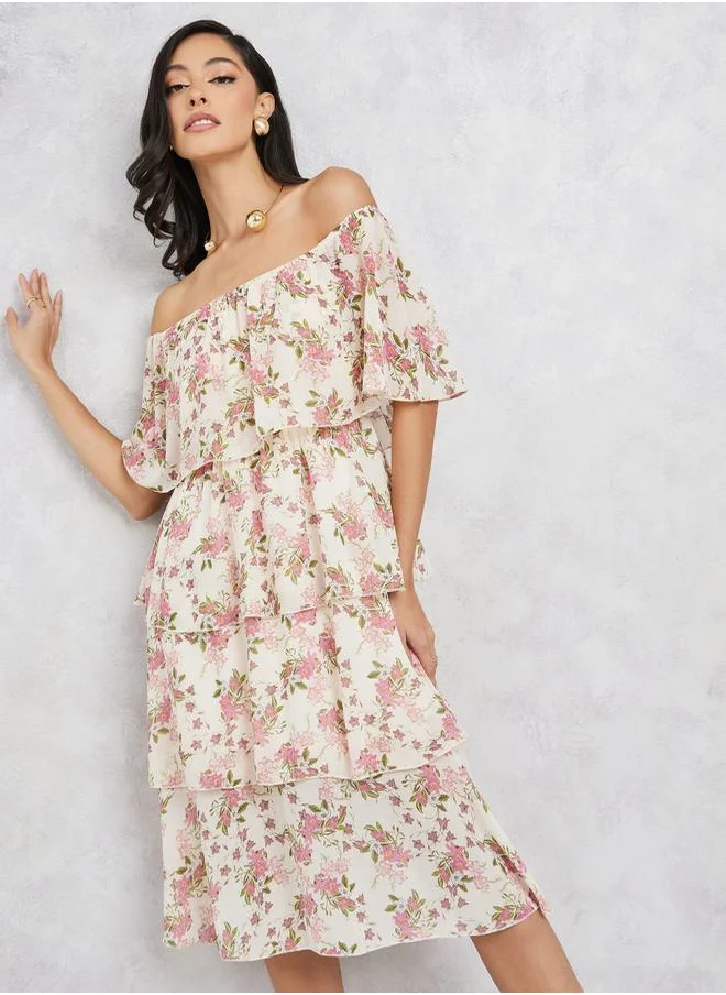 Styli Floral Print Off Shoulder Layered Knee Length Dress