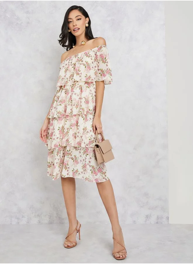 Styli Floral Print Off Shoulder Layered Knee Length Dress
