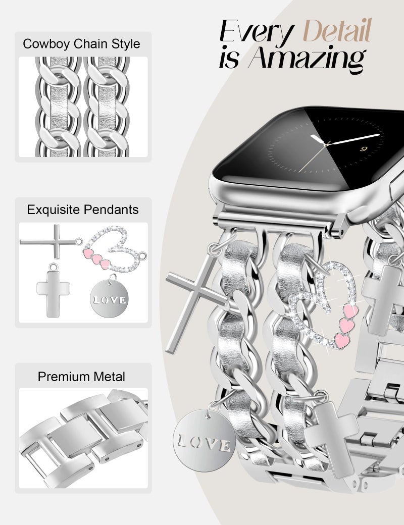 Newlibery Silver Watch Bands for Women Compatible with Apple Watch Band 46mm 42mm(S3/2/1) 44mm 45mm 49mm Adjustable Unique Charms Metal Strap Chain Bracelet for iWatch Series 11/10/9/8/7/6/5/4/3/2/1/SE/Ultra - Image 4