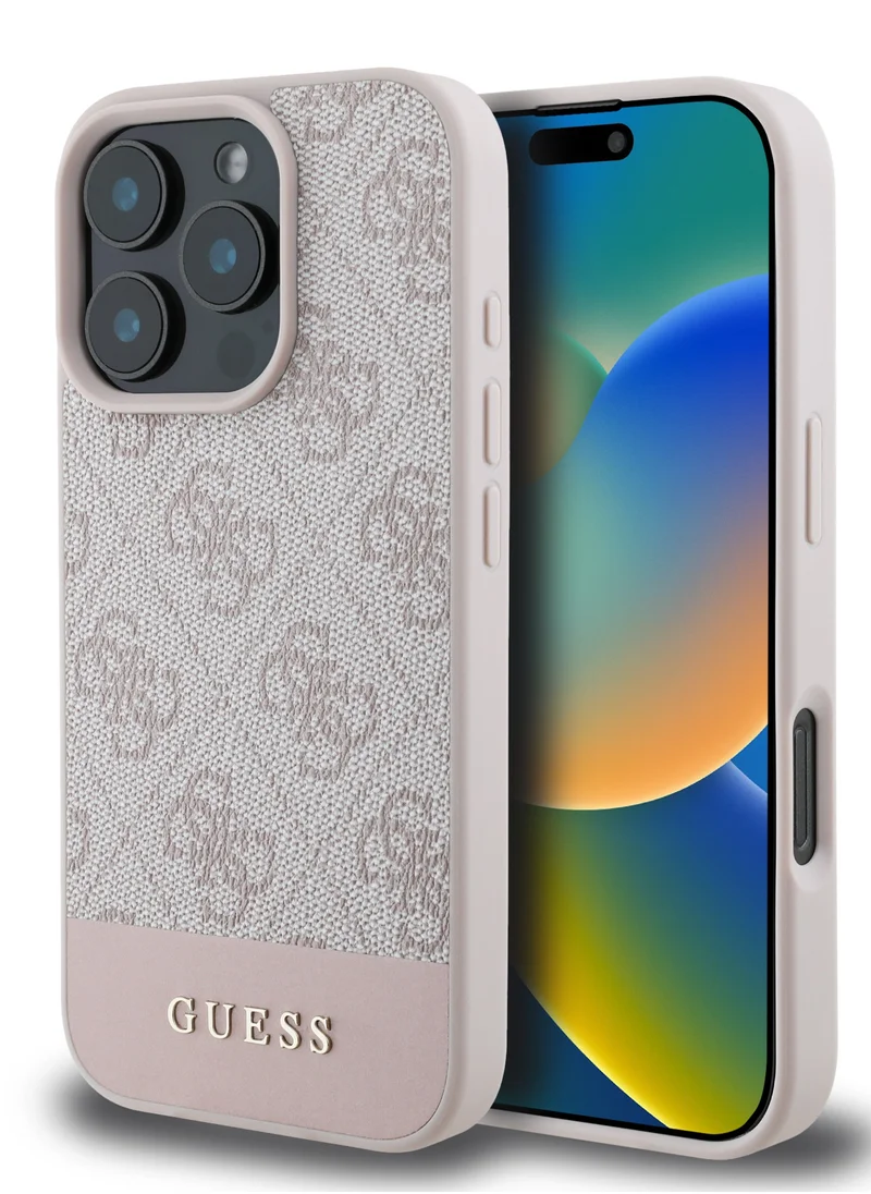 جس جراب 4G PU مع شعار كلاسيكي مخطط في الأسفل لهاتف iPhone 16 Pro - وردي