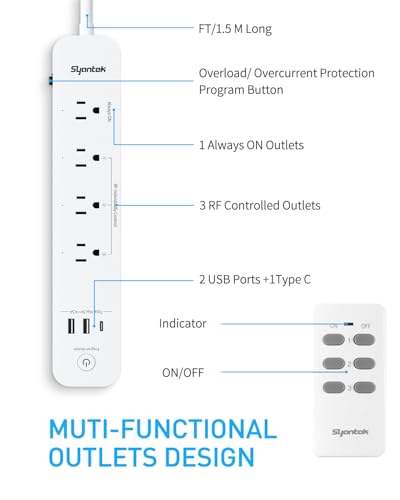 Syantek Remote Control Power Strip with 3 USB Surge Protector Power Strip with 3 RF Controlled Outlets, 5ft Extension Cord, 15A/1875W Remote Control Outlet for Household and Workstation Appliances - Image 2