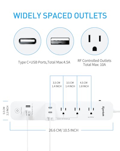 Syantek Remote Control Power Strip with 3 USB Surge Protector Power Strip with 3 RF Controlled Outlets, 5ft Extension Cord, 15A/1875W Remote Control Outlet for Household and Workstation Appliances - Image 3