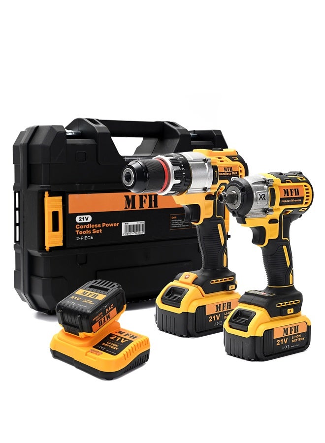 MFH TOOLS 2-Piece 21V Cordless Power Tool Set - 13mm Keyless Chuck Drill 2-Speed 0-2000 RPM - Impact Wrench 0-2600 RPM - Cordless Combo Kit for Repair & Maintenance - Image 1