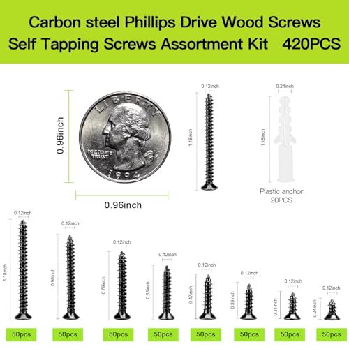 JERLITU M3 Flat Head Wood Screws Assortment Fasteners Kit 420pcs,Phillips Drive Countersunk Head Self-Tapping Screws,304 Stainless Steel,Contains 20pcs M6 Screw Anchors - Image 2