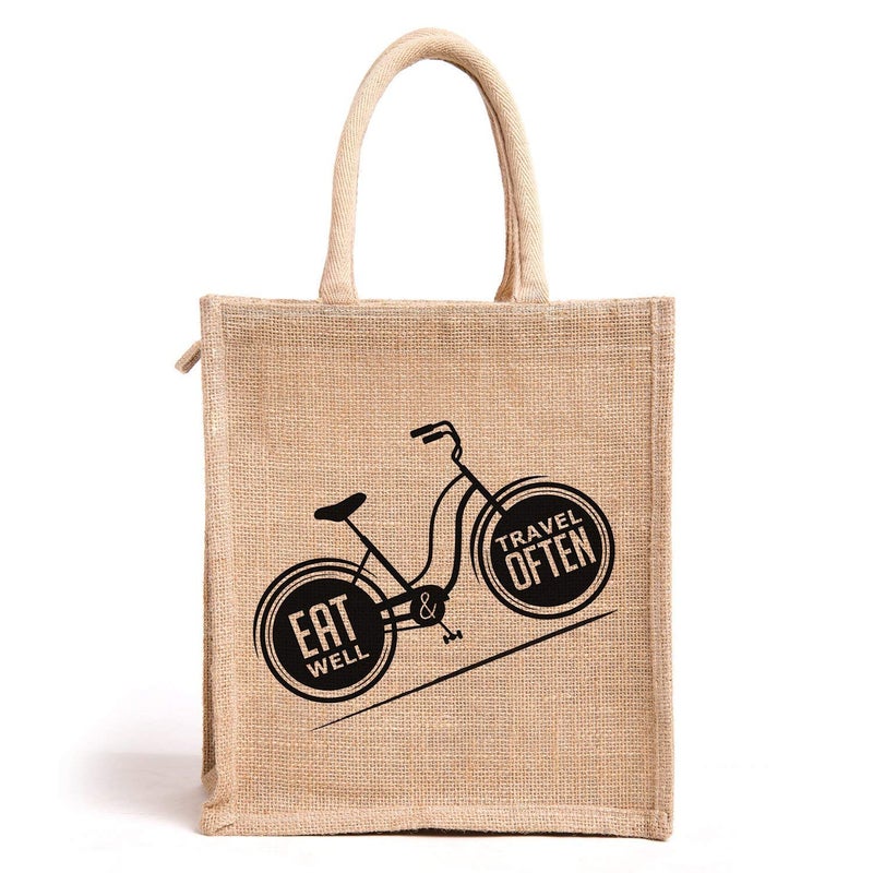 hb+ H&B Jute Bags for Lunch - Men's Tote with Zip (Eat Well Travel, 11x10x6 in) - Image 1