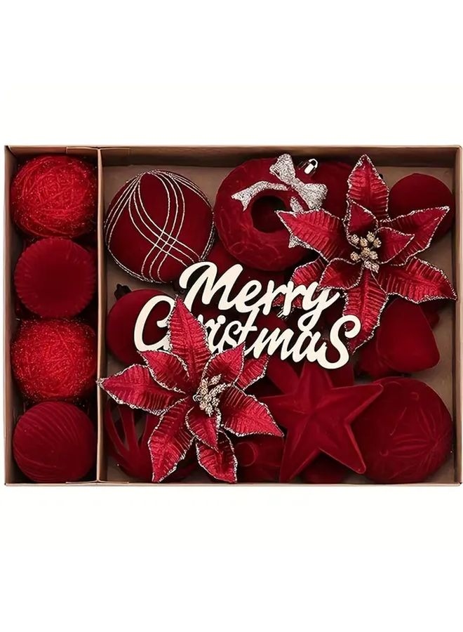 Red Coffee Velvet Christmas Ornaments 38Pcs Shatterproof Fluffy Tree Decorations - Image 1