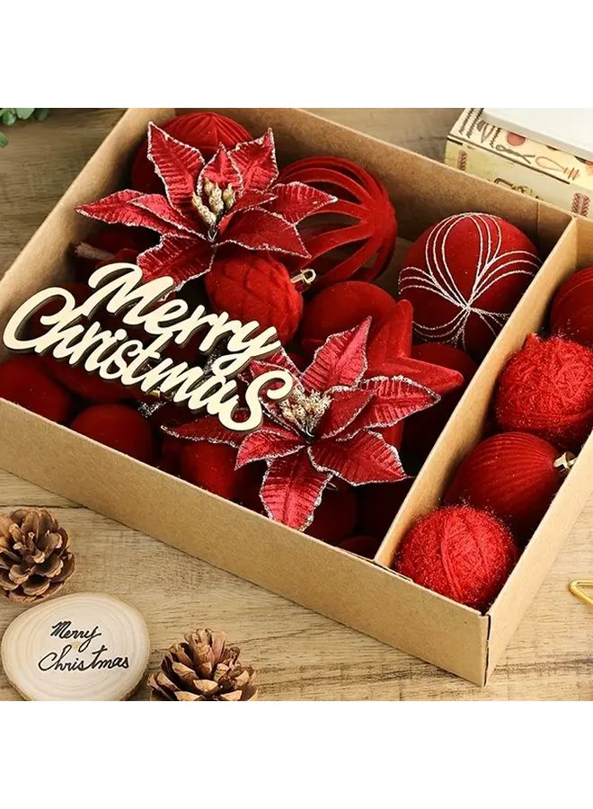 Red Coffee Velvet Christmas Ornaments 38Pcs Shatterproof Fluffy Tree Decorations - Image 4