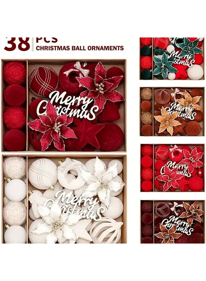 Red Coffee Velvet Christmas Ornaments 38Pcs Shatterproof Fluffy Tree Decorations - Image 3