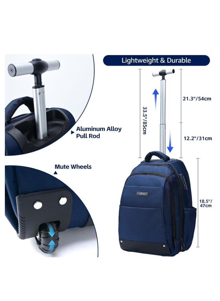 Golden Rolling Backpack-Adult Business Laptop Backpack with Wheels-18 inch Invisible Shoulder Strap Waterproof Backpack with Roller-Trolley Suitcase Travel Bag,Blue  - Image 2