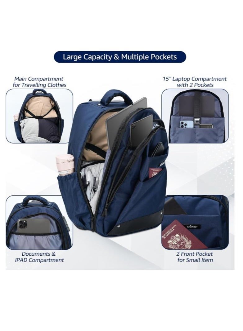 Golden Rolling Backpack-Adult Business Laptop Backpack with Wheels-18 inch Invisible Shoulder Strap Waterproof Backpack with Roller-Trolley Suitcase Travel Bag,Blue  - Image 3