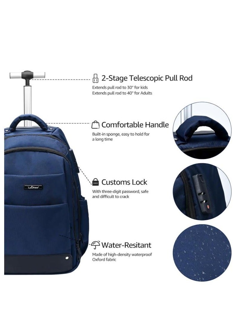 Golden Rolling Backpack-Adult Business Laptop Backpack with Wheels-18 inch Invisible Shoulder Strap Waterproof Backpack with Roller-Trolley Suitcase Travel Bag,Blue  - Image 4