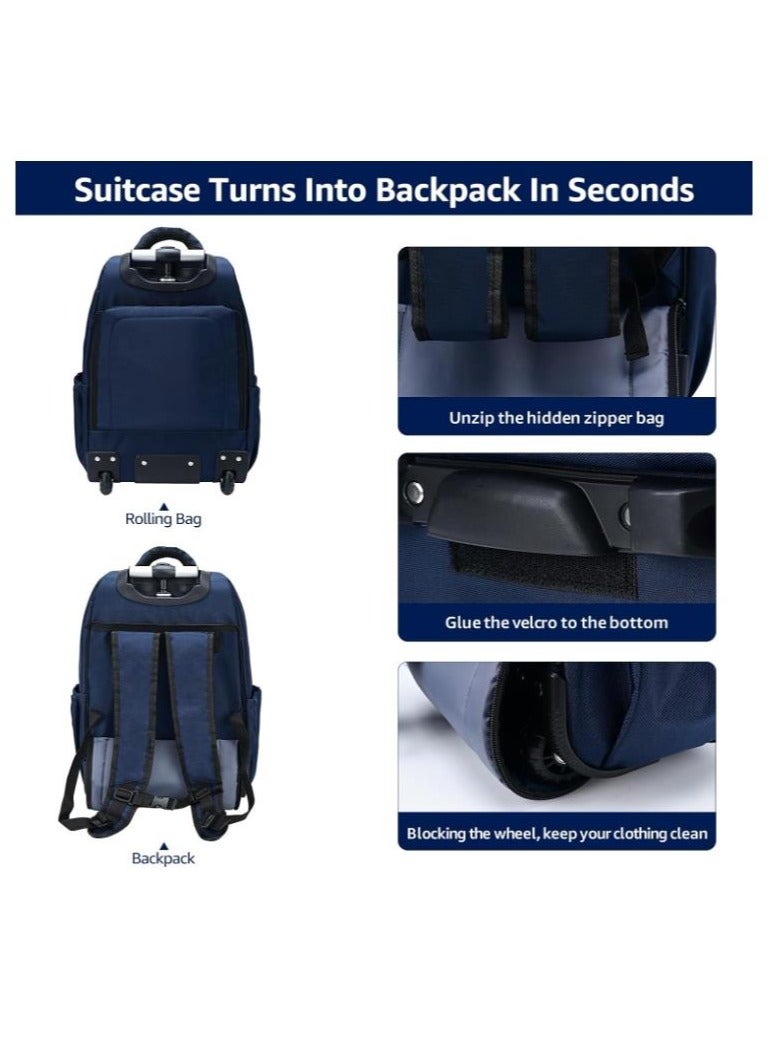 Golden Rolling Backpack-Adult Business Laptop Backpack with Wheels-18 inch Invisible Shoulder Strap Waterproof Backpack with Roller-Trolley Suitcase Travel Bag,Blue  - Image 5