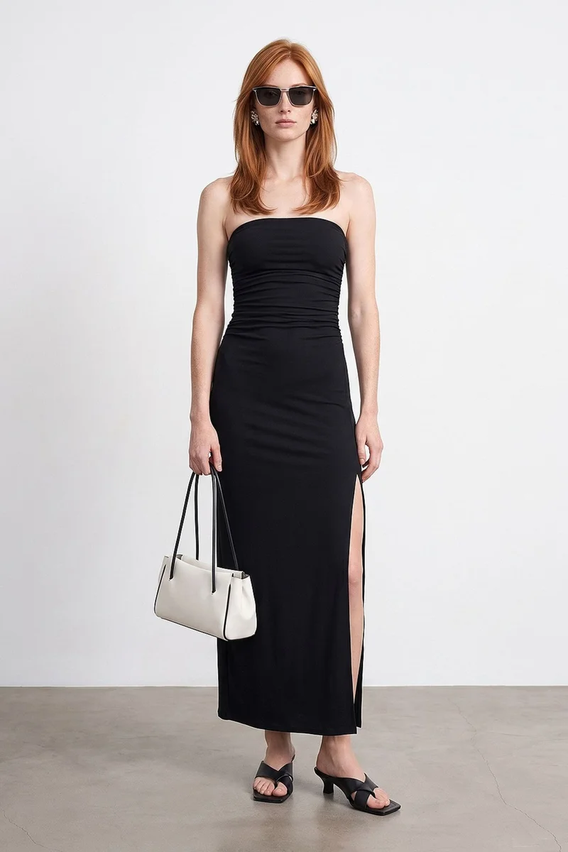 DILVIN Strapless Bodycon Maxi Dress With Slit