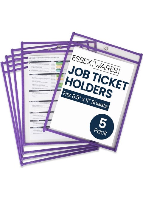 - 5 Pack, Purple, Job Ticket Holders, 10" Wide X 13.5" Tall - Clear Plastic Shop Ticket Holders - Easy To Use, Reusable & Easy Erase Plastic Invoice Holders, Water-Resistant & Durable
