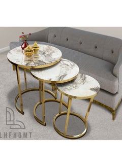 LHFHOMT LHFHOMT Nesting Tables Set of 3 Pieces, Round Coffee table, Ceramics Wooded Top, Strong Gold Metal Frame for Living Room,Office,Sofa Side  - Image 1