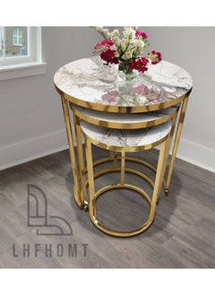 LHFHOMT LHFHOMT Nesting Tables Set of 3 Pieces, Round Coffee table, Ceramics Wooded Top, Strong Gold Metal Frame for Living Room,Office,Sofa Side  - Image 2