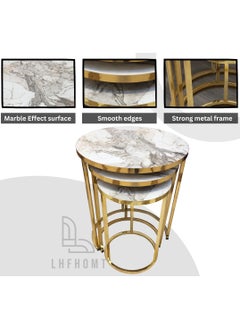 LHFHOMT LHFHOMT Nesting Tables Set of 3 Pieces, Round Coffee table, Ceramics Wooded Top, Strong Gold Metal Frame for Living Room,Office,Sofa Side  - Image 3